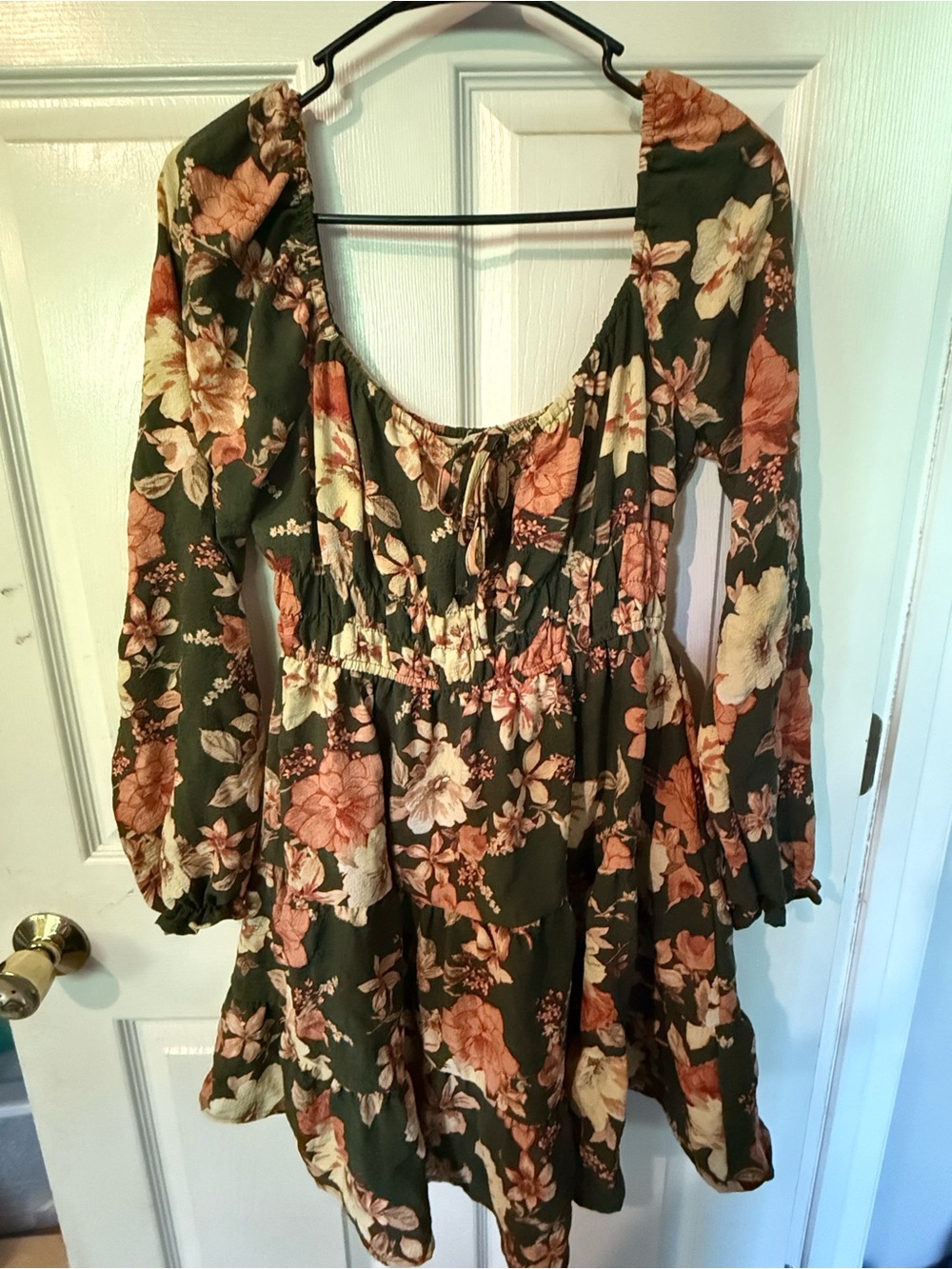 Liberty Love Olive Green Floral Midi Dress with Peach Blooms